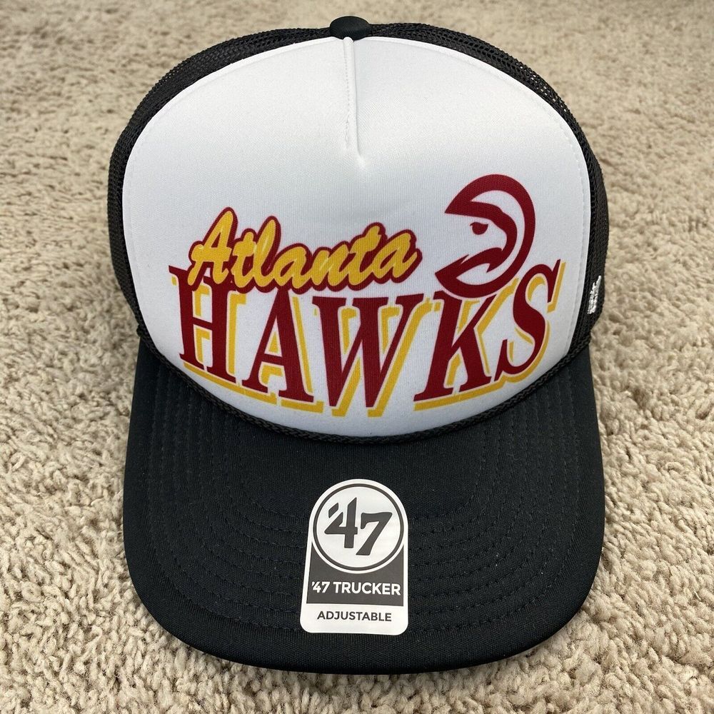Atlanta Hawks 47 Trucker Hat Foam Snapback White Black Mesh Red Script Logo Cap
